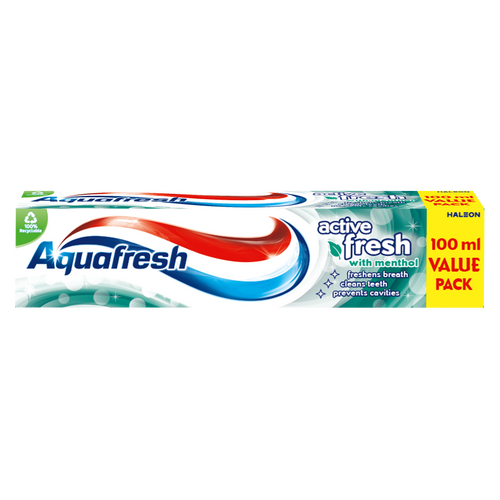 Aquafresh Active Fresh 100ml toothpaste with fluoride, menthol freshness, and 3-in-1 care for oral health.