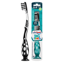 Load image into Gallery viewer, Aquafresh Big Teeth children's toothbrush for ages 6 to 8 years in black and white with soft bristles and matching product packaging.
