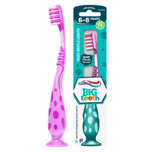Load image into Gallery viewer, Aquafresh Big Teeth children's toothbrush for ages 6 to 8 years in pink and purple with soft bristles and matching product packaging.

