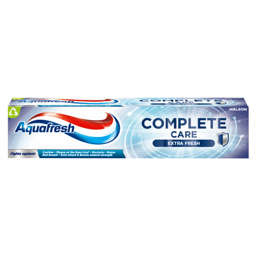 Aquafresh Complete Care Extra Fresh 100ml toothpaste with fluoride for cavity protection and fresh breath.