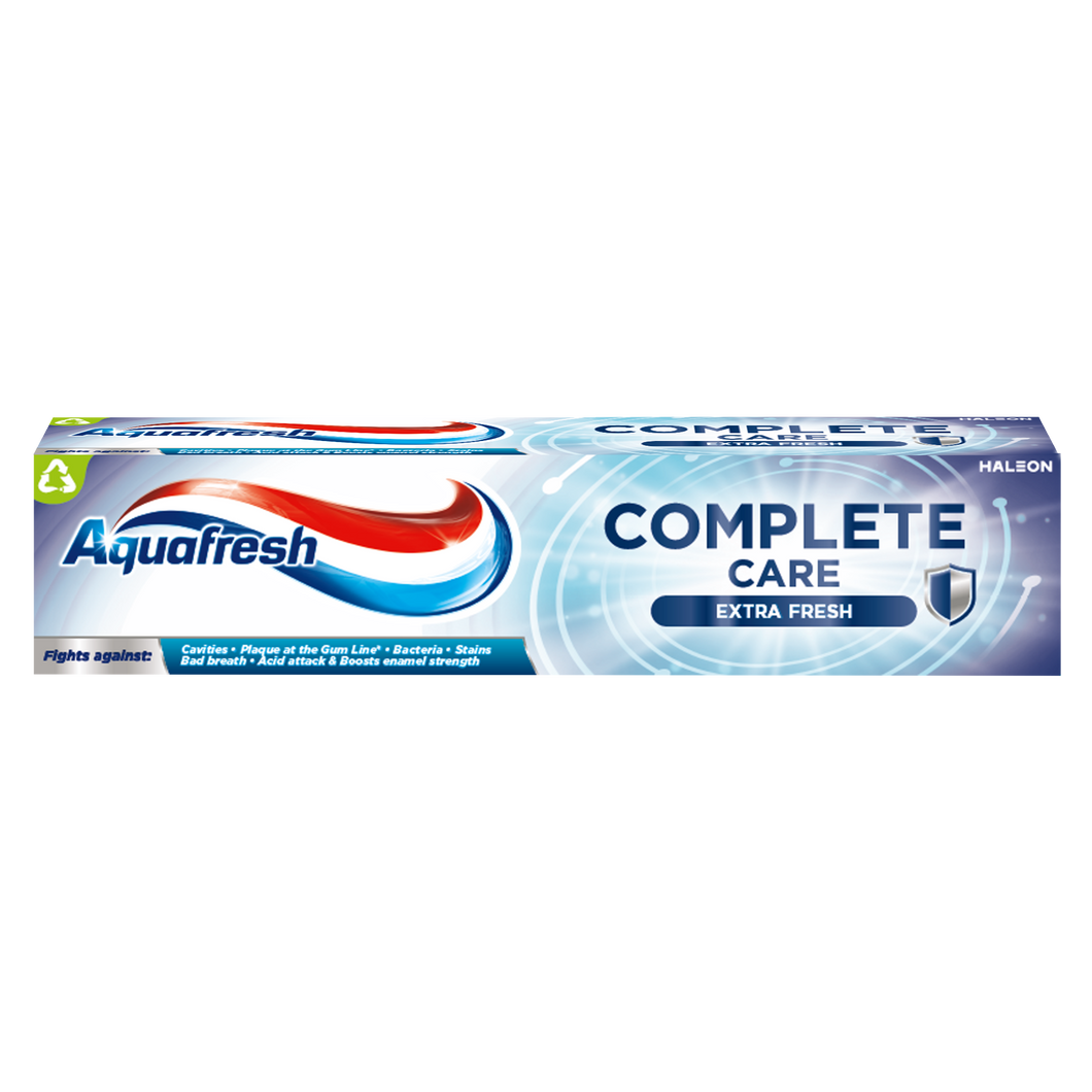 Aquafresh Complete Care Extra Fresh 100ml toothpaste with fluoride for cavity protection and fresh breath.