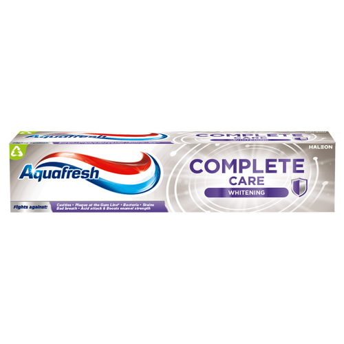 Aquafresh Complete Care Whitening 100ml toothpaste whitens teeth, fights plaque, and strengthens enamel.