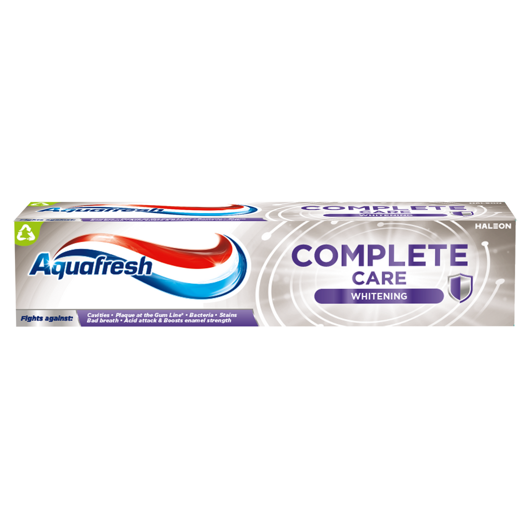 Aquafresh Complete Care Whitening 100ml toothpaste whitens teeth, fights plaque, and strengthens enamel.