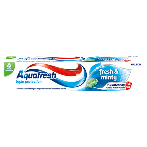 Aquafresh Fresh N Minty 75ml toothpaste with fluoride for strong teeth, healthy gums, and fresh breath.