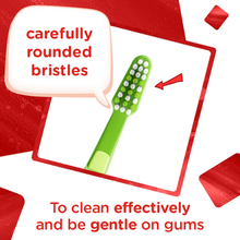 Load image into Gallery viewer, Close-up of a green Aquafresh kids toothbrush head showing carefully rounded bristles designed to clean effectively while being gentle on gums.
