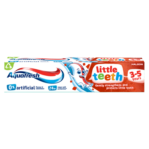 Aquafresh Little Teeth 50ml kids' toothpaste with fluoride for cavity protection and a mild mint flavor
