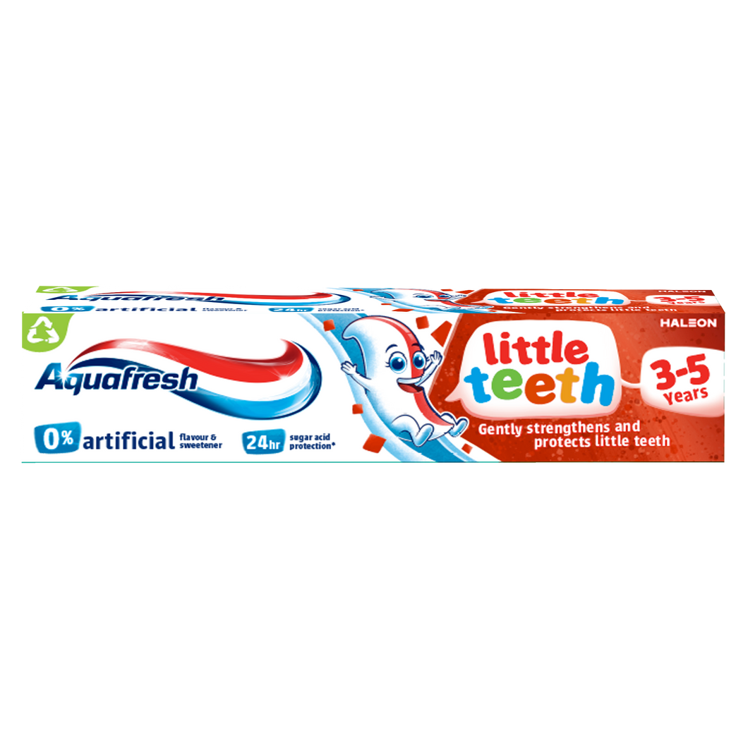 Aquafresh Little Teeth 50ml kids' toothpaste with fluoride for cavity protection and a mild mint flavor
