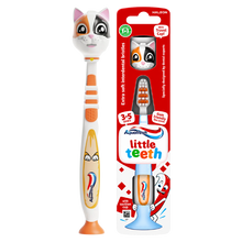 Load image into Gallery viewer, Aquafresh Little Teeth children's toothbrush for ages 3 to 5 years, featuring an orange, white, and black calico cat-themed handle, an orange suction cup foot, and a matching cat travel cap, shown next to its red retail packaging.
