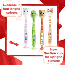 Load image into Gallery viewer, Four Aquafresh Little Teeth children's toothbrushes with animal character caps displayed on a red and white graphic background. Two speech bubbles feature text reading "Available in four bright colours" and "New Suction cup for upright storage," with a red arrow pointing toward the pink toothbrush base.
