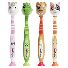 Load image into Gallery viewer, Four Aquafresh Little Teeth children's toothbrushes lined up against a white background, featuring animal-themed handles and matching travel caps for a pink unicorn, green crocodile, brown dog, and orange and white cat, each with a suction cup base.

