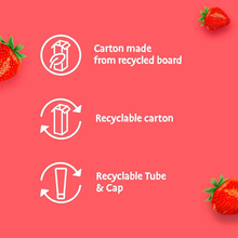 Load image into Gallery viewer, Sustainability icons showing that the Aquafresh carton is made from recycled board and that the carton, tube, and cap are all recyclable.
