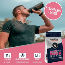 Load image into Gallery viewer, A man drinking a protein shake from a shaker bottle with a Vitaldin Sport strawberry whey protein bag and nutritional highlights in the foreground.
