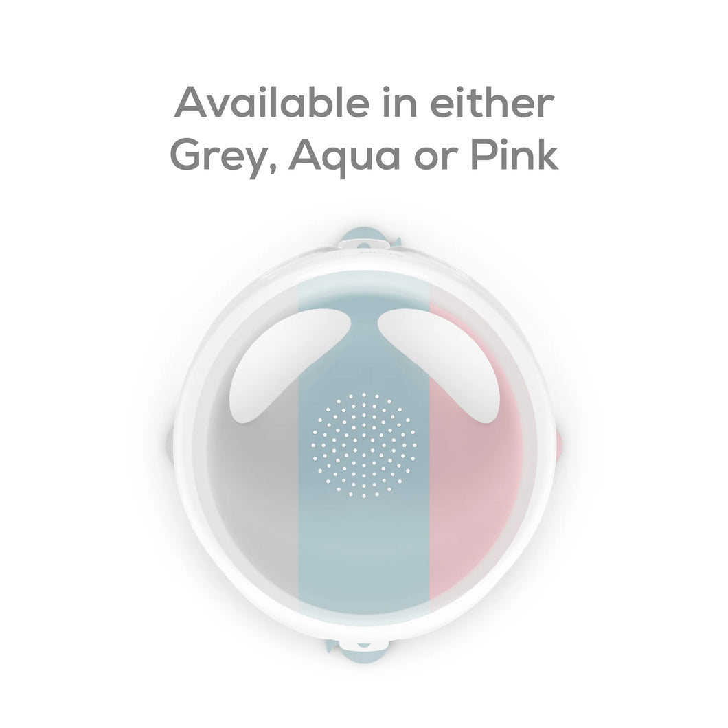 Angelcare baby bath seat shown in grey, aqua, and pink color options.