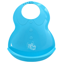 Load image into Gallery viewer, Bright blue Bébé Angel waterproof silicone baby bib with faux buttons and collar design.

