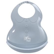 Load image into Gallery viewer, Grey Bébé Angel silicone baby bib with adjustable neck strap and crumb catcher tray.
