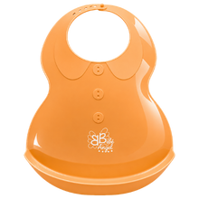 Load image into Gallery viewer, Soft orange Bébé Angel silicone baby bib with built-in food catcher pocket.
