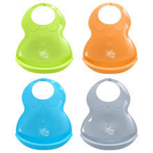 Load image into Gallery viewer, Four baby bibs arranged in a 2x2 grid on a white background, each in a different bright color: lime green, orange, light blue, and light gray. Each bib has a rounded neck, three decorative buttons, a small white logo reading 'BB baby tools,' and a suction cup base.
