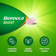 Load image into Gallery viewer, Berocca Boost effervescent tablets with caffeine, vegan friendly and sugar free
