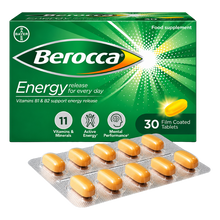 Load image into Gallery viewer, Berocca Film-Coated Tablets 30 pack with blister pack and 11 vitamins and minerals
