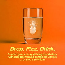 Load image into Gallery viewer, Berocca Immuno effervescent tablet dissolving in water with vitamin C, D, zinc and selenium
