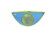 Load image into Gallery viewer, A blue and lime green corner bath toy organizer hammock with a central mesh pocket for drying, designed to store children&#39;s bath toys.
