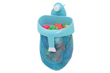 Load image into Gallery viewer, A blue mesh bath toy scoop and storage organizer hanging on the wall, filled with brightly coloured rubber floating bath toys.
