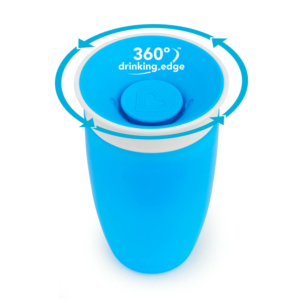 Blue Munchkin Miracle® 360° Sippy Cup, 10oz capacity, designed for toddlers 12 months and up. Dentist-recommended spoutless design, spill-proof, BPA-free, and easy to clean. Perfect for water, milk, or juice.