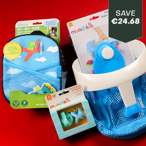 Three baby products, including a blue Brica By-My-Side safety harness backpack and two Munchkin bath organizers and scoop toys on a red background.