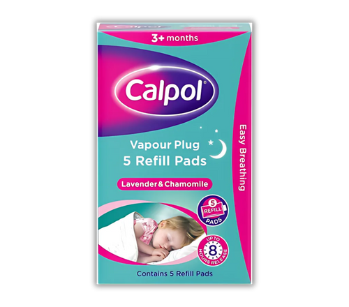 CALPOL Vapour Plug & Nightlight releases soothing lavender vapours for children's comfort, with a soft blue glow that activates in darkness. Each refill lasts up to 8 hours. - 5 Refill Pads