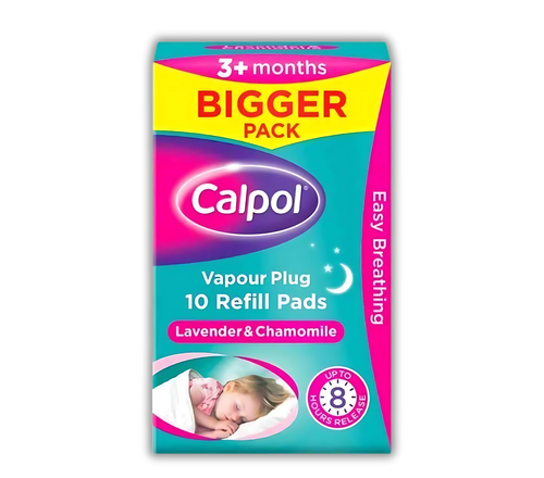 Calpol Vapour Plug & Nightlight for children refills (x10), releasing soothing lavender and camomile vapours for easier breathing and restful sleep.