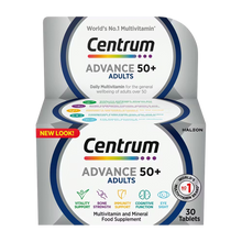 Load image into Gallery viewer, A 30-tablet box of Centrum Advance 50+ multivitamin and multimineral supplement. The label features silver and orange accents, highlighting benefits for vitality, immunity, eye health, and heart function.
