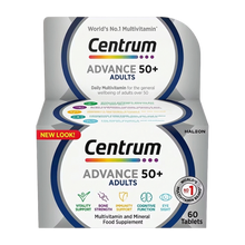 Load image into Gallery viewer, A 60-tablet box of Centrum Advance 50+ multivitamin. The packaging lists a complete formula of vitamins and minerals specifically balanced to support the nutritional needs of people over 50.
