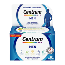 Load image into Gallery viewer, A 30-tablet box of Centrum Men multivitamin and multimineral supplement. The label features blue and green accents, highlighting support for daily energy, immune function, metabolism, and muscle function.

