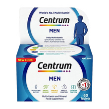 Load image into Gallery viewer, A 60-tablet box of Centrum Men multivitamin. The packaging lists key benefits including nutritional support tailored for men to help with energy release, immunity, and healthy muscle function.
