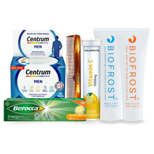 Load image into Gallery viewer, Men’s wellness gift set featuring multivitamins, cooling recovery gels, vitamin C supplements, and a Kent grooming comb presented in a ready-to-gift box for everyday health and performance support.
