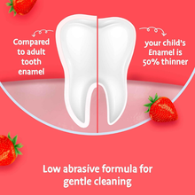Load image into Gallery viewer, Educational diagram showing that a child's tooth enamel is 50% thinner than an adult's, highlighting the need for a low abrasive formula.
