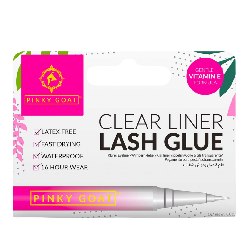 Pinky Goat Clear Liner Lash Glue packaging with Vitamin E formula for easy lash application.