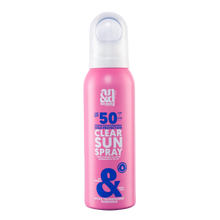 Load image into Gallery viewer, A pink bottle of A.N.D. beauty Clear Sun Spray SPF 50, an ultra-transparent and non-oily sunshield.
