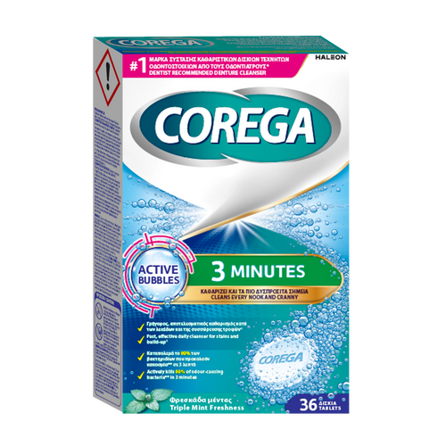 Corega 3 Minute Tablets 36s denture cleanser with active oxygen to remove plaque, stains, and bacteria.