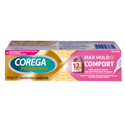 Corega Max Hold + Comfort denture adhesive with dual-action formula for stronger hold and pressure relief.