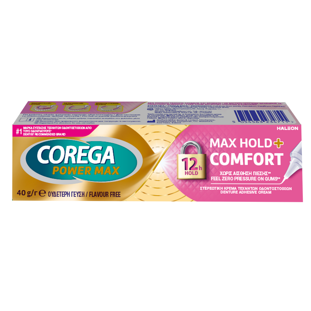 Corega Max Hold + Comfort denture adhesive with dual-action formula for stronger hold and pressure relief.