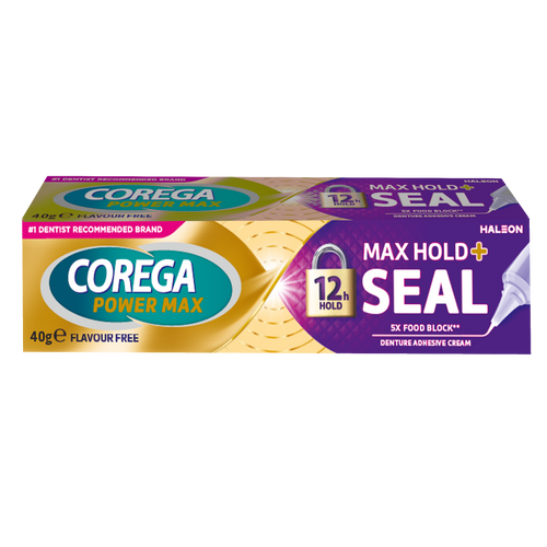 Corega Max Hold + Seal Cream 40g denture adhesive with precision nozzle for strong hold and food protection.