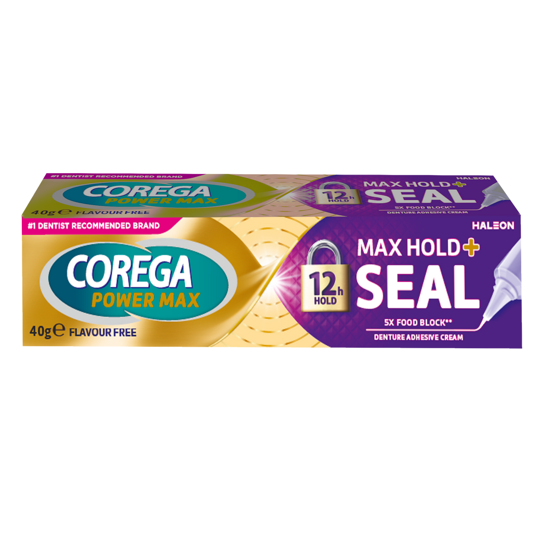 Corega Max Hold + Seal Cream 40g denture adhesive with precision nozzle for strong hold and food protection.