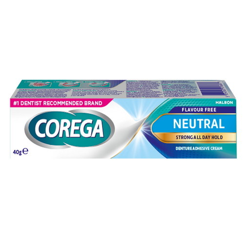 Corega Neutral Cream 40g denture adhesive with zinc-free formula, strong hold, and food particle protection.