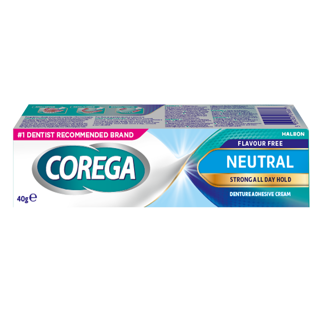 Corega Neutral Cream 40g denture adhesive with zinc-free formula, strong hold, and food particle protection.