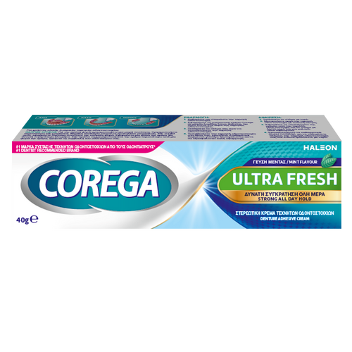 Corega Ultra Fresh Cream 40g denture adhesive with strong hold, mint flavor, and zinc-free formula.