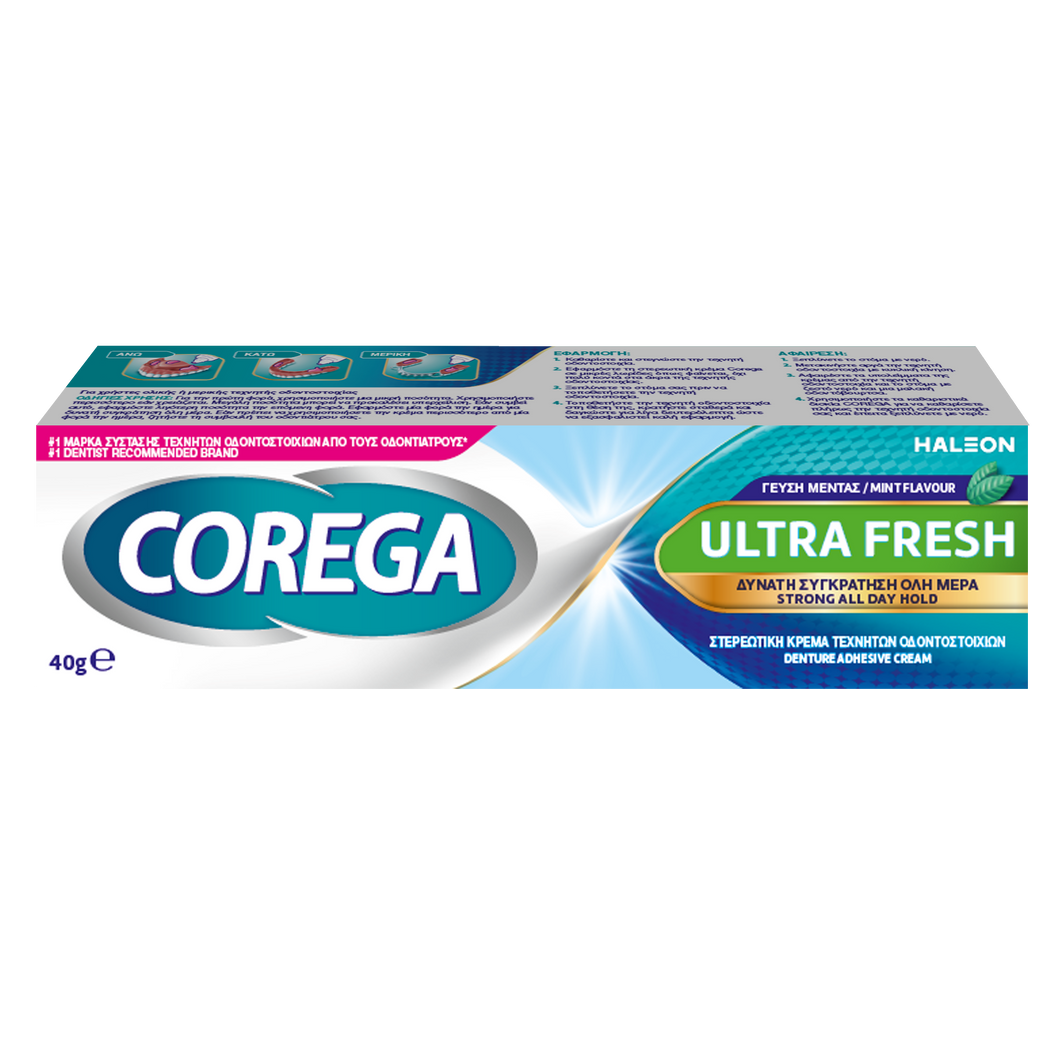 Corega Ultra Fresh Cream 40g denture adhesive with strong hold, mint flavor, and zinc-free formula.