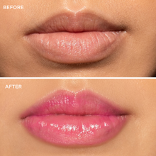 Load image into Gallery viewer, Before and after close-up comparison of lips showing their natural appearance before application and a glossy, vibrant pink tint after applying Dr. PAWPAW Hot Pink Lip Balm.

