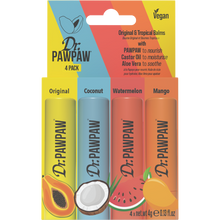 Load image into Gallery viewer, Dr. PAWPAW Original &amp; Tropical Lip Balm 4-Pack in colourful packaging, containing Original, Coconut, Watermelon and Mango lip balm sticks, each 4g.
