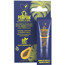 Load image into Gallery viewer, Dr. PAWPAW Overnight Lip Mask 10ml with original dark blue packaging, featuring natural pawpaw and peptides for overnight lip hydration, smoothing and nourishment.

